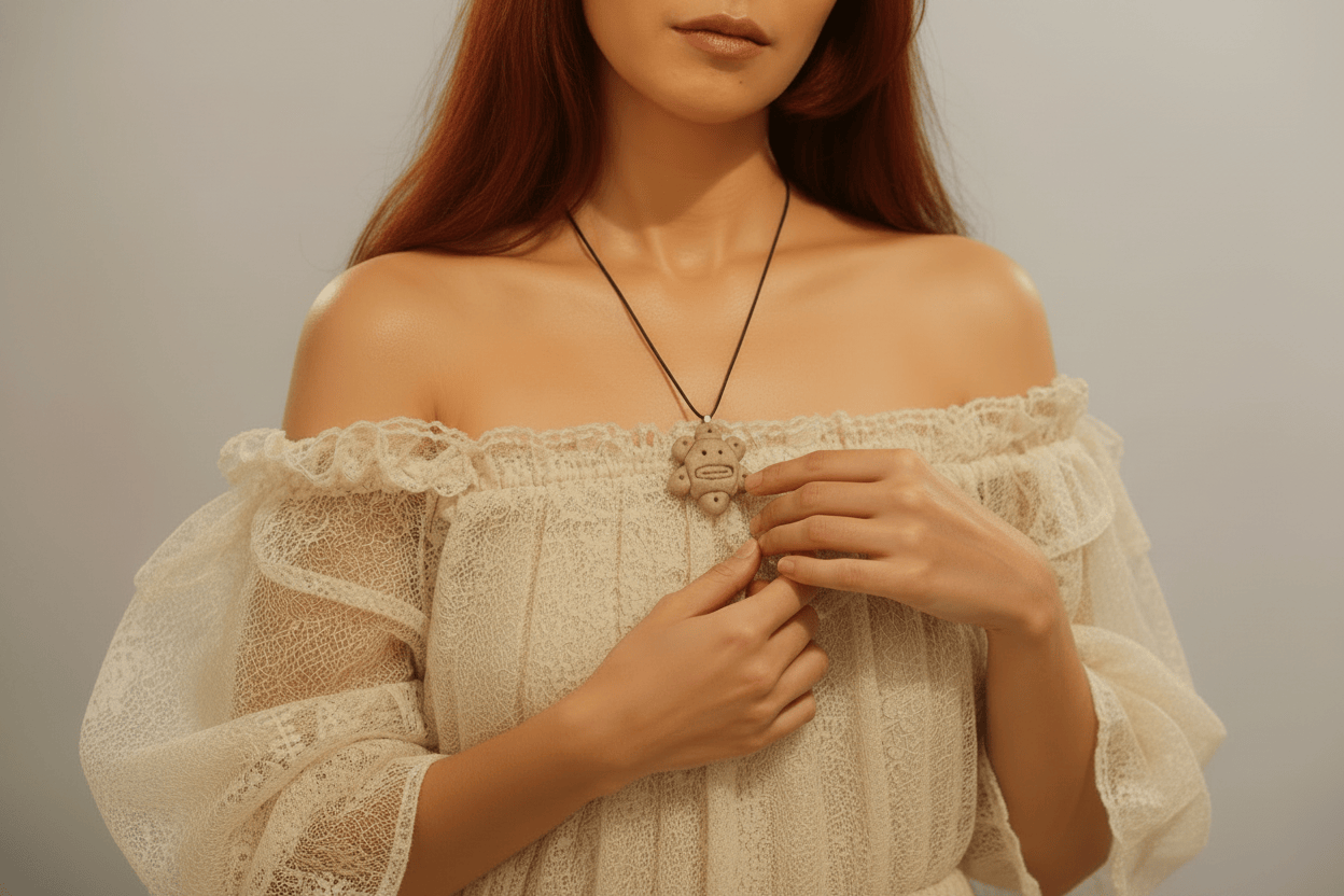 Woman wearing a beige off-shoulder top and a necklace with a pendant against a neutral background
