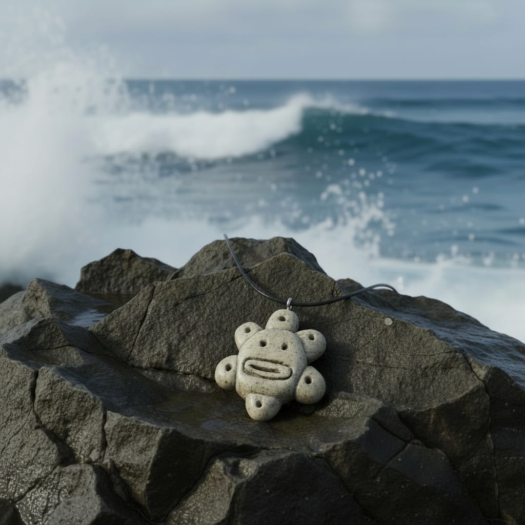 Handmade stone-textured ceramic pendant featuring the Taíno Sun God petroglyph on a black cord necklace, inspired by Puerto Rican indigenous art.