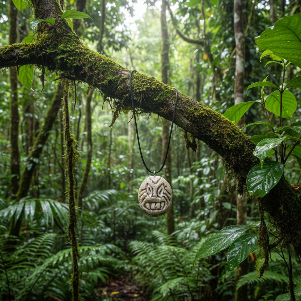 Handmade circular stone-textured ceramic pendant with a carved Taíno ancestral face petroglyph on a black cord necklace, inspired by indigenous Caribbean rock art.