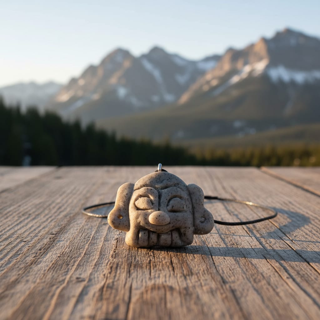 Handmade stone-textured ceramic pendant featuring a carved Taíno ancestral face petroglyph with a wide smile on a black cord necklace, inspired by indigenous Caribbean rock art.