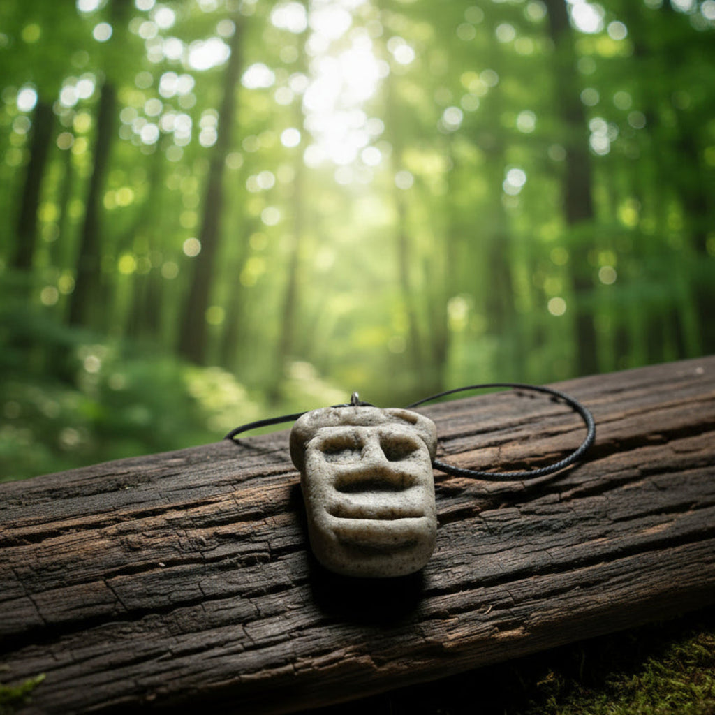 Handmade stone-textured ceramic pendant featuring a carved Taíno Zemi ancestral spirit face on a black cord necklace, inspired by Puerto Rican indigenous art.