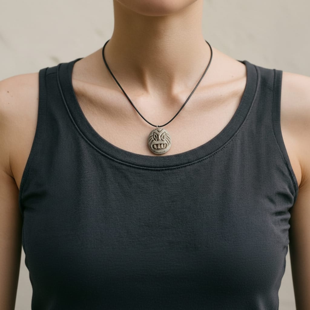 A circular, stone-textured polymer clay necklace with a rustic, speckled finish. The pendant is hand-sculpted into a grumpy or menacing expression with deep-set eyes and exposed teeth.