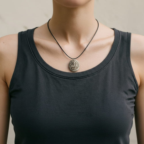 A circular, stone-textured polymer clay necklace with a rustic, speckled finish. The pendant is hand-sculpted into a grumpy or menacing expression with deep-set eyes and exposed teeth.