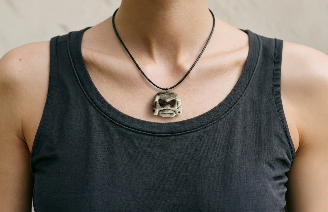 Handmade stone-textured ceramic pendant featuring a carved Taíno ancestral spirit face with deep eyes and traditional ears with holes on a black cord necklace, inspired by indigenous Puerto Rican petroglyphs.