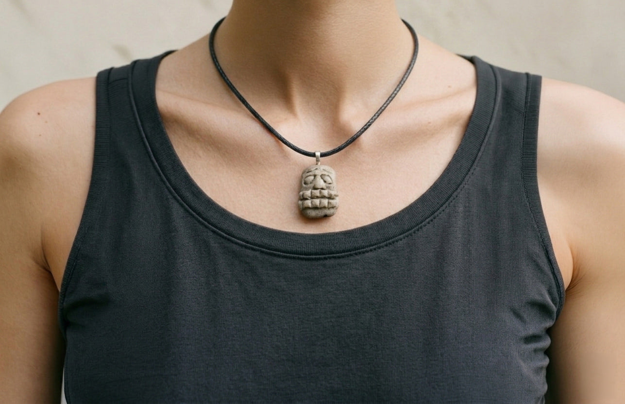 Handmade stone-textured ceramic pendant of a Taíno spirit face with a prominent nose, straight mouth, and horizontal line eyes on a black cord necklace, inspired by indigenous Puerto Rican petroglyphs.