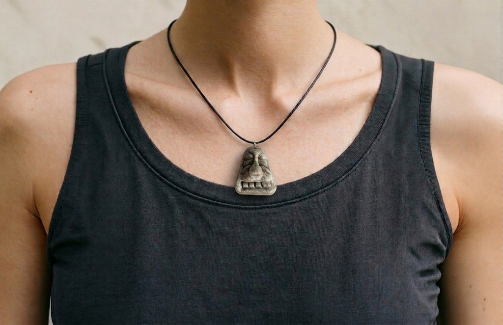 Handmade stone-textured ceramic pendant of a triangular Taíno spirit face with closed eyes, a big nose, and straight teeth on a black cord necklace, inspired by indigenous Puerto Rican rock art.