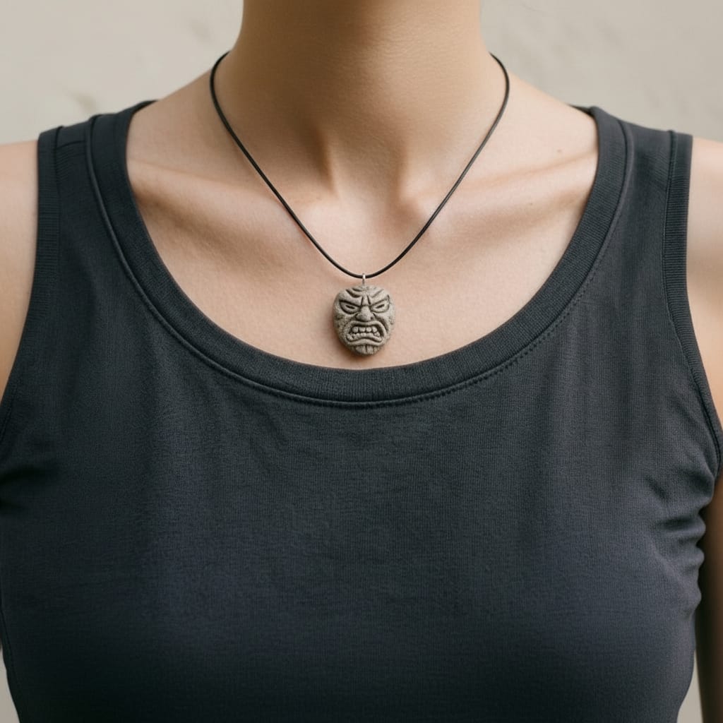 Handmade circular stone-textured ceramic pendant featuring a carved Taíno ancestral face petroglyph on a black cord necklace, inspired by indigenous Puerto Rican rock art.