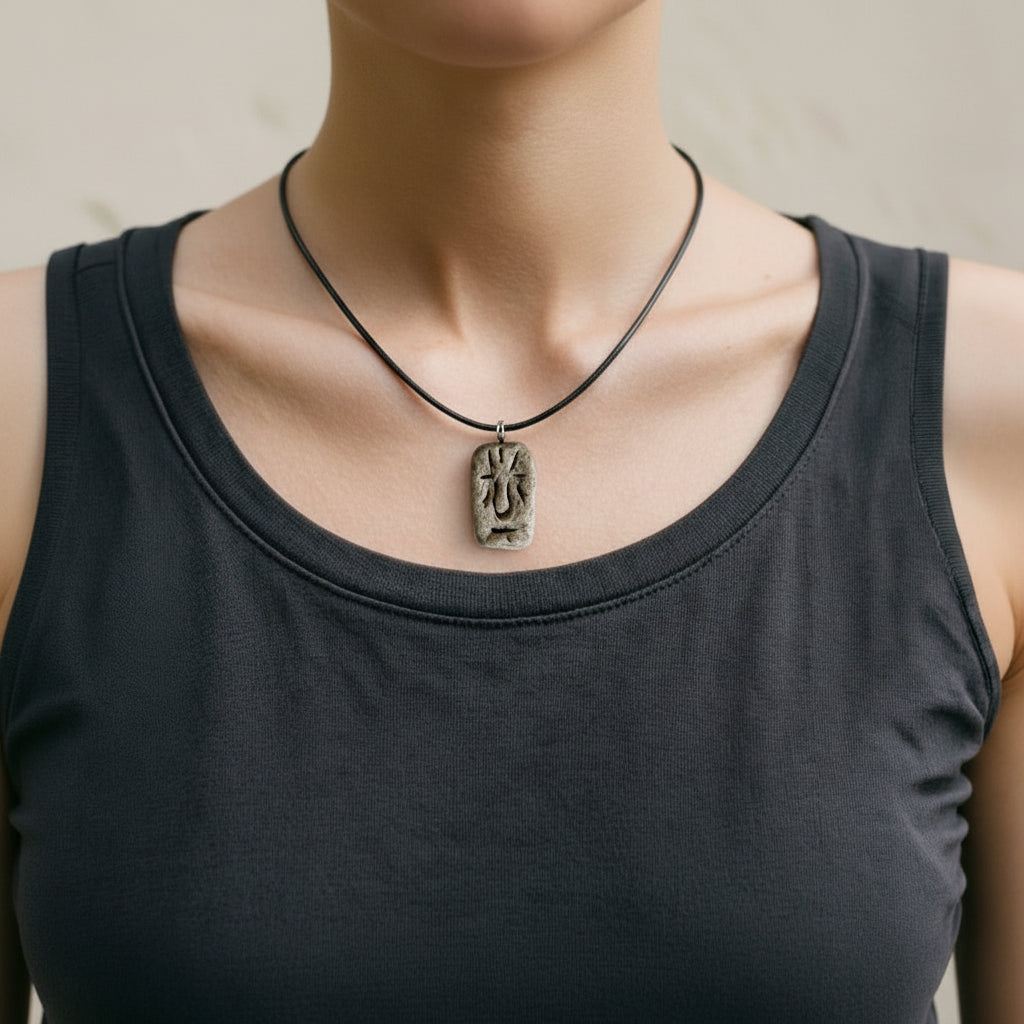 Handmade rectangular stone-textured ceramic pendant with a carved Taíno ancestral face petroglyph on a black cord necklace, inspired by indigenous Caribbean art.
