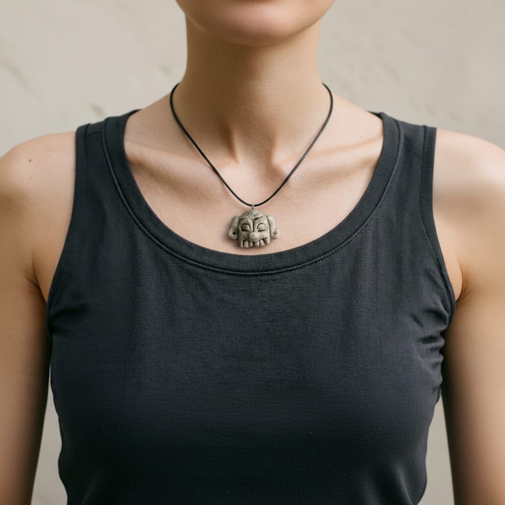 Handmade stone-textured ceramic pendant featuring a carved Taíno ancestral face petroglyph with a wide smile on a black cord necklace, inspired by indigenous Caribbean rock art.