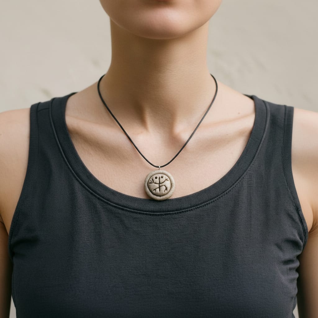 Handmade stone-textured ceramic pendant featuring the traditional Taíno Coquí frog petroglyph on a black cord necklace, inspired by indigenous Puerto Rican art.
