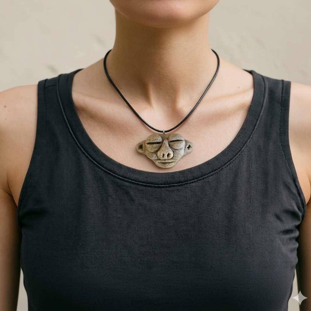A triangular ceramic pendant featuring a Taíno Zemí spirit face with closed eyes and a prominent nose, handcrafted with a grey stone texture on a black adjustable cord.