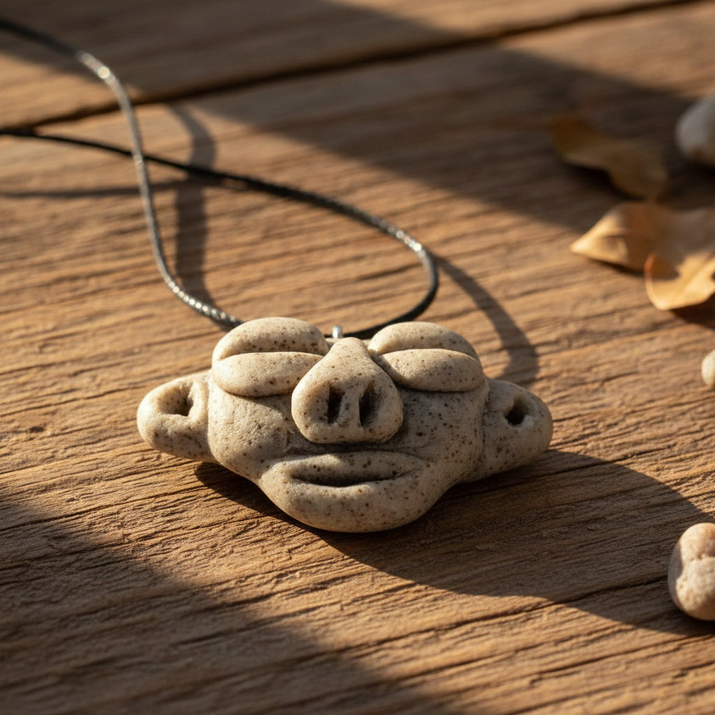A triangular ceramic pendant featuring a Taíno Zemí spirit face with closed eyes and a prominent nose, handcrafted with a grey stone texture on a black adjustable cord.