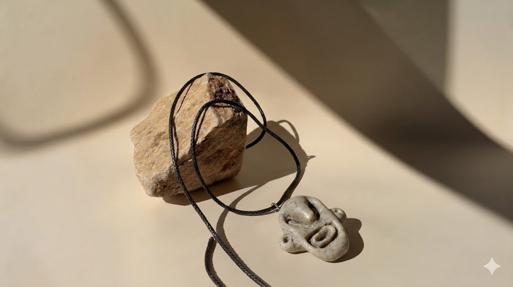 Necklace with a stone pendant on a light surface