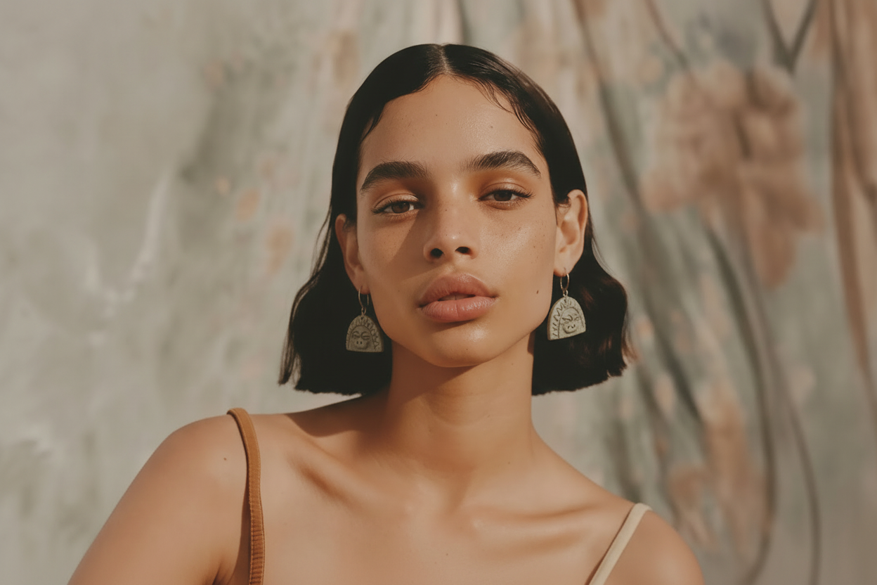 Woman wearing large indigenous Arawak earrings with a neutral background