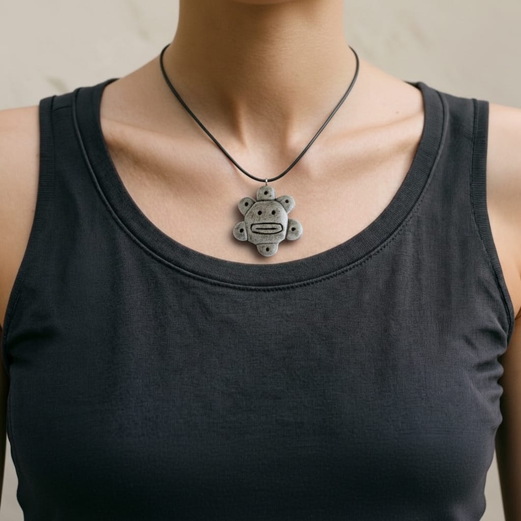 Handmade stone-textured ceramic pendant featuring the Taíno Sun God petroglyph on a black cord necklace, inspired by Puerto Rican indigenous art.
