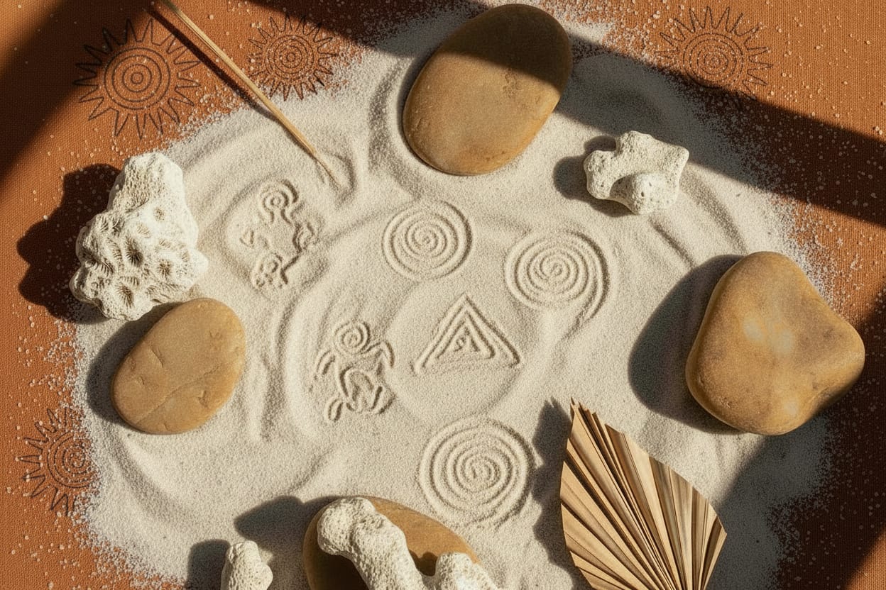 Zen garden with stones, sand, and decorative elements on a brown surface